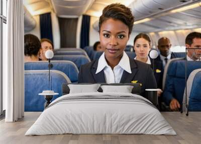 Portrait of smiling stewardess looking at camera in airplane cabin Wall mural