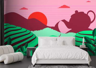 tea plantation landscape with mountains in the form of a teapot Wall mural