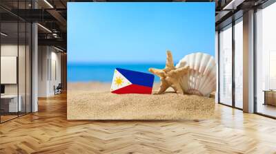 tropical beach with seashells and philippine flag. the concept of a paradise vacation on the beaches Wall mural