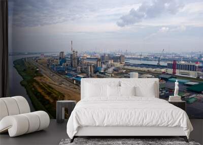 Antwerp, Belgium. Industrial plant. River Scheldt (Escout). Summer morning. Aerial view Wall mural