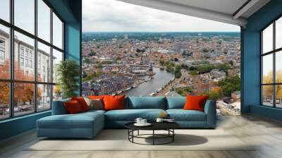 Haarlem, Netherlands. Windmill De Adriaan (1779). Windmill from the 18th century. Panoramic view of Haarlem city center. Cloudy weather during the day. Summer, Aerial View Wall mural