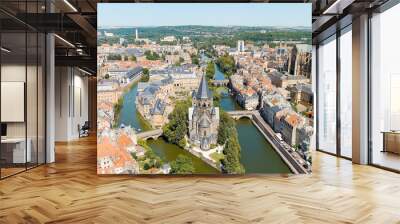 Metz, France. New Temple - Protestant Church. Moselle River. View of the historical city center. Summer, Sunny day, Aerial View Wall mural