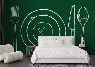 Vector Chalk Sketch Dining Set - Fork, Knife, Spoon and Plates. Wall mural