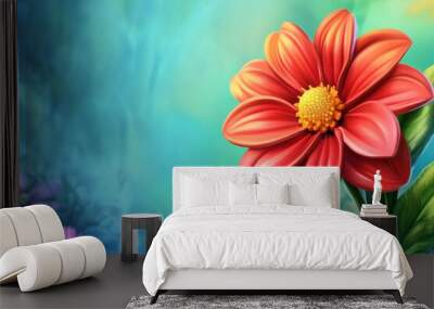 Close-up of red flower with soft petals on a bright blue-green background  Wall mural