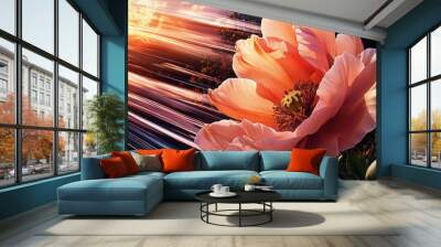 Dynamic large pink flower in motion with a glowing sunset background Wall mural