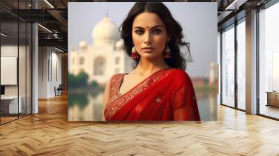 Beautiful Indian Woman in Red Sari in Front of Taj Mahal Wall mural