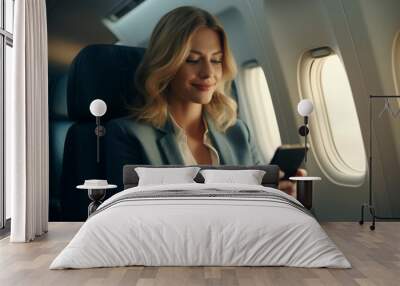 Pretty Blonde Business Woman Using Smartphone While Sitting in an Airplane Wall mural