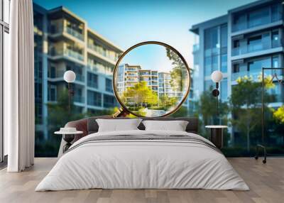 Searching for Real Estate in an Apartment Building, a Hand Holds a Magnifying Glass Wall mural