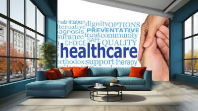 Care in the Community Healthcare concept Word cloud transparent png - female hands gently holding male cupped hands beside a HEALTHCARE word cloud 
 Wall mural