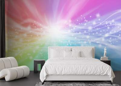 Colour healing energy flow sparkle banner - Radiating graduated rainbow colour background with flowing white lines and sparkles through the centre and a white central burst of light 
 Wall mural