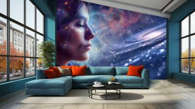 I am one with the Universe I feel it pulsing through every fibre of my being - female face side view eyes closed meditating imagining being connected to a spiralling galaxy ideal for a spiritual theme Wall mural