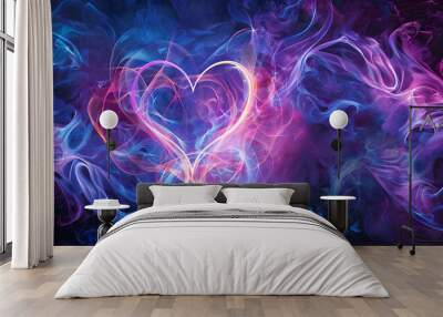 Love energy flowing background template - smoky swirling pink blue yin yang energy wisping and creating a bright love heart shape ideal for a romantic love theme concept background Wall mural