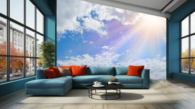 Miraculous Heavenly Light Panorama Banner -  Wide blue sky, fluffy clouds and a beautiful warm orange yellow sun beaming down radiating depicting a holy entity 
 Wall mural