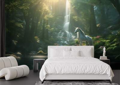 Mystical magical forest where the Unicorn feels safe - Beautiful White unicorn stood beside a deep dark pool with a waterfall in the background soft light and trees for shade
 Wall mural