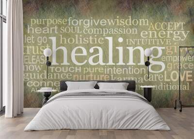 Rustic healing words word cloud wall art - brown dark to light stone effect background with an irregular shaped word cloud relevant to healing 
 Wall mural