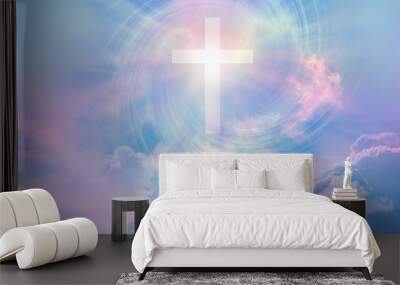 The Power and the Glory for Ever and Ever Amen - beautiful surreal heavenly cloud scene with a white cross and rainbow coloured vortex  providing a religious meditation background  Wall mural