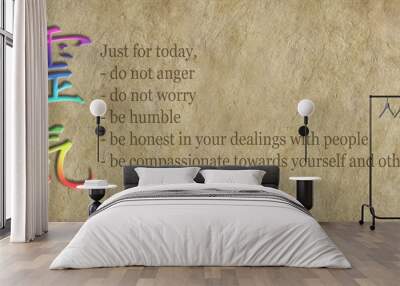 The Reiki Precepts and Kanji Symbol on Parchment - wide banner with a rainbow colored Reiki Kanji symbol beside the Reiki Precepts on a buff colored rustic parchment background Wall mural