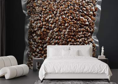 fresh roasted coffee beans packed in vacuum sealed bag, gray background Wall mural