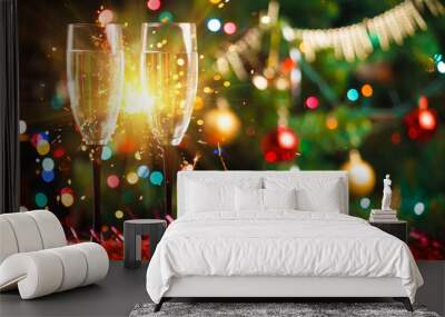 pair of champagne glasses and sparkler, Christmas tree ornament as the background Wall mural