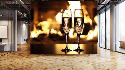 two glasses in front of fireplace Wall mural