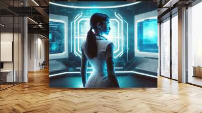 Sci-Fi holographic workspace with futuristic lady  Wall mural