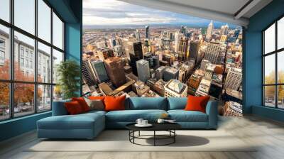 Panorama of Melbourne's city center from a high point. Australia. Beautiful panorama of skyscrapers in the city center and suburbs to the horizon. Sunset and blue clouds. Wall mural