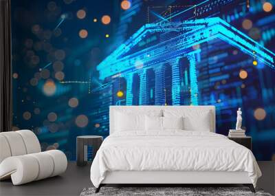 blue digital bank icon on backdrop symbolizes modern finance. generative ai Wall mural