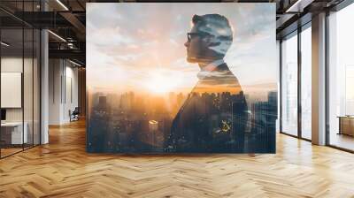 confident financial advisor in suit, looking at urban skyline. double exposure, financial district background. space for your investment message. wide, sunset glow. generative ai Wall mural