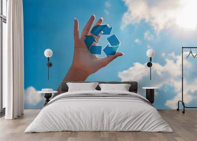 hand holding a recycling symbol with blue sky. concept waste management and recycling. generative ai Wall mural