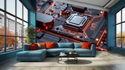 hightech computer components on black motherboard convey futuristic innovation Wall mural