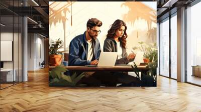 A guy and a girl are working together on a laptop. Wall mural