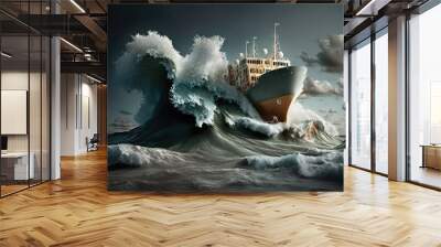 A large cargo ship cuts a wave in the sea with the bow of the ship, a storm in the sea, Generative AI. Wall mural