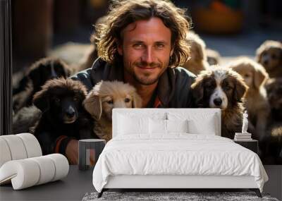 Happy man in dog kennel between puppies. Wall mural