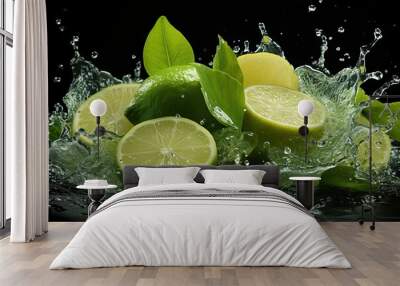 Limes fall into water, whole and cut limes in splashes of water. Wall mural