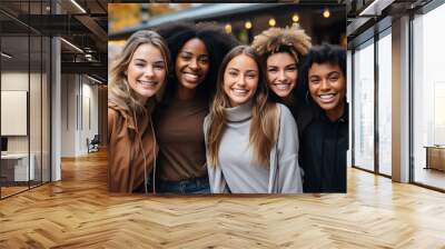 Portrait of five happy girls who met in a cafe, girls of different nationalities. Wall mural