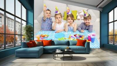 Happy group of children celebrating friends birthday. Kids party Wall mural