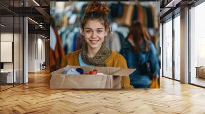 Cheerful young woman holding a box of donated items in a thrift store Wall mural