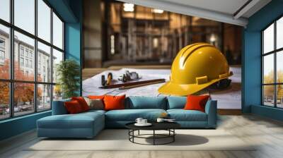 Construction helmet on a blueprint in a house construction site Wall mural