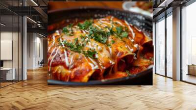 Enchiladas: A dish of enchiladas covered in red sauce and melted cheese Wall mural