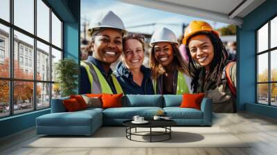 Group of diverse female construction workers smiling on site Wall mural