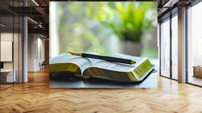 Open bible with pen on church desk Wall mural