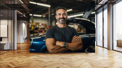 Portrait of a middle aged male car mechanic in workshop Wall mural