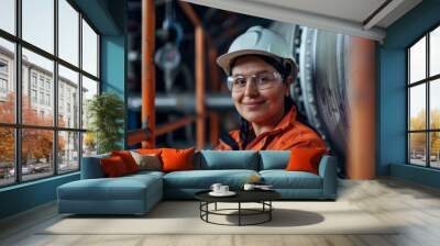 Portrait of a middle aged smiling female engineer at Hydroelectric Dam Wall mural