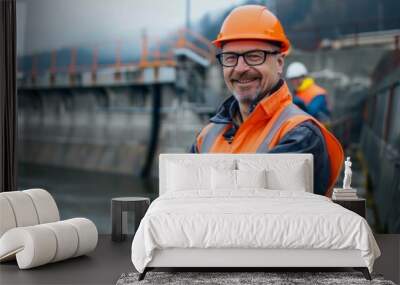 Portrait of a middle aged smiling male engineer at Hydroelectric Dam Wall mural