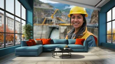 Portrait of a smiling young hispanic male engineer at hydroelectric plant Wall mural