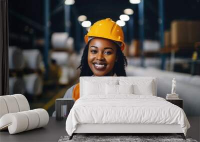 Portrait of a young smiling woman working in factory Wall mural