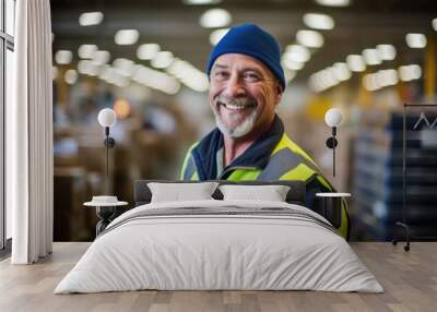 Smiling portrait of a happy middle aged warehouse worker or manager working in a warehouse Wall mural