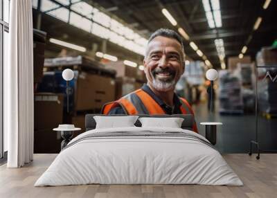 Smiling portrait of a happy middle aged warehouse worker or manager working in a warehouse Wall mural