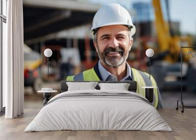 Smiling portrait of a happy white male developer or architect working on a construction site Wall mural