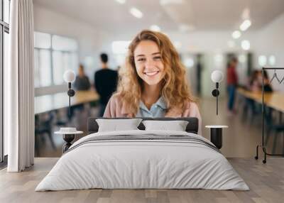 Smiling portrait of a young female college student Wall mural